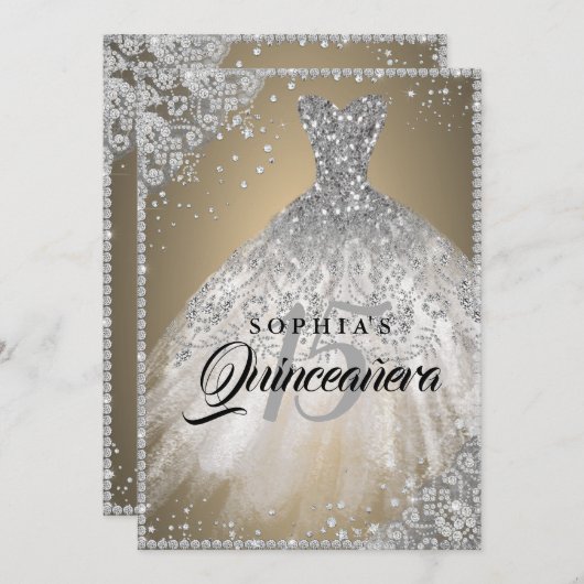 ダイヤモンドレースススパークルガウン金ゴールドシルバーキンセアニェラ 招待状 (正面/裏面)