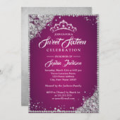 ダイヤモンドレーススパークルティアラ ピンク シルバー スイート16 招待状 (正面/裏面)