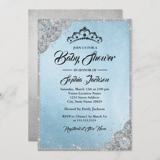 ダイヤモンドレース輝く青い銀のベビーシャワー 招待状 (正面/裏面)