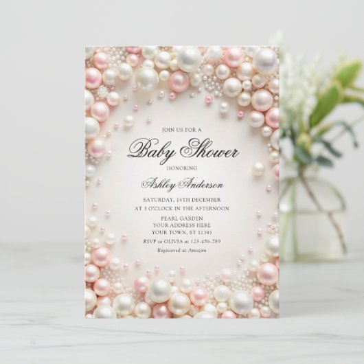 ダイヤモンド付きピンクと白の真珠ベビーシャワー 招待状 (スタンド正面)