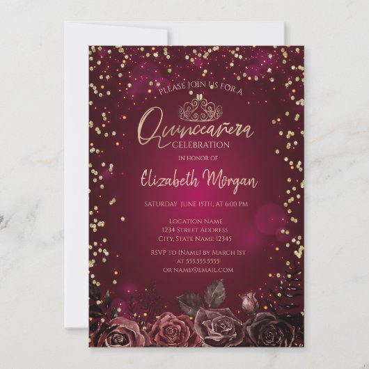 ダイヤモンド入りティアラ ぶどう色のバラ Quinceañera 招待状 (正面)