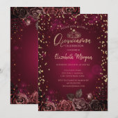 ダイヤモンド入りティアラ ぶどう色のバラ Quinceañera 招待状 (正面/裏面)