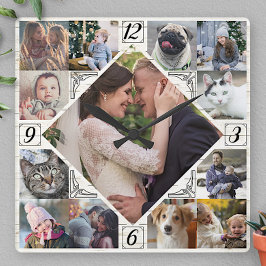 ダイヤモンド型ファミリーフォトコラージュLTウ素朴ッド スクエア壁時計