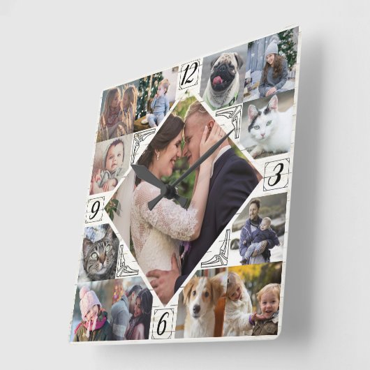 ダイヤモンド型ファミリーフォトコラージュLTウ素朴ッド スクエア壁時計 (傾斜)