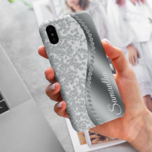 ダイヤモンド模擬モノグラム銀きらきら光る金属 iPhone 12ケース
