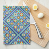 ダイヤモンド模様のモロッコブルーかわいらしタイル キッチンタオル (四つ折り)