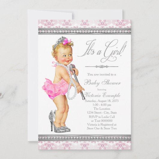 ダイヤモンド真珠ハイヒールリトルレディーベビーシャワー 招待状 (正面)