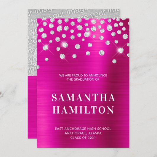 ダイヤモンド紙吹雪ホットピンクグラデーションフォイル卒業 案内状 (正面/裏面)