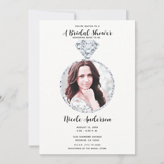 ダイヤモンド結婚のきらきら光るリングや輪ブライダルシャワー写真 招待状 (正面)