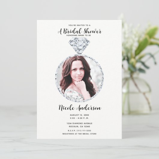 ダイヤモンド結婚のきらきら光るリングや輪ブライダルシャワー写真 招待状 (スタンド正面)