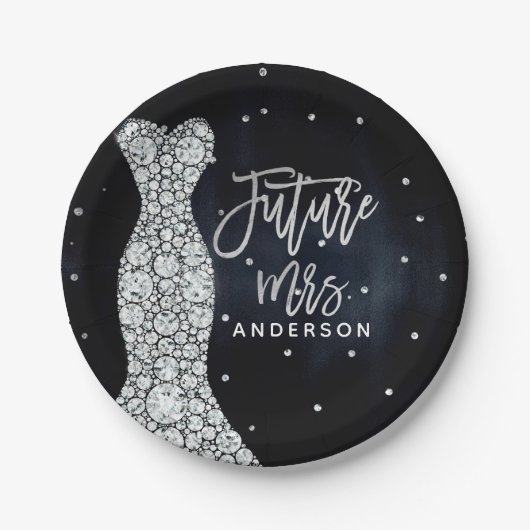 ダイヤモンド結婚ズドレスブルーモダンブライダルシャワー ペーパープレート (正面)