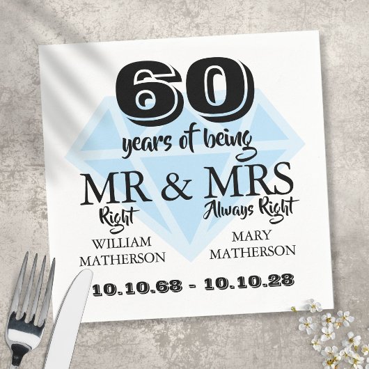 ダイヤモンド結婚60周年お祝い Mr Mrs Right スタンダードカクテルナプキン