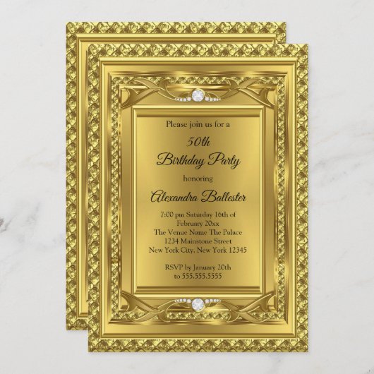 ダイヤモンド金ゴールドエレガントな誕生日パーティーの写真 招待状 (正面/裏面)