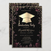 ダイヤモンド金ゴールドグラッドキャップダークレッドローゼズ卒業 招待状 (正面/裏面)