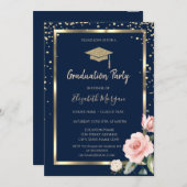 ダイヤモンド金ゴールドグラッドキャップバラネイビーブルー卒業 招待状 (正面/裏面)