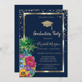 ダイヤモンド金ゴールドグラッドキャップパイナップルネイビーブルー 招待状 (正面/裏面)