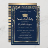 ダイヤモンド金ゴールドグラッドキャップブルーストライプの卒業式 招待状 (正面/裏面)