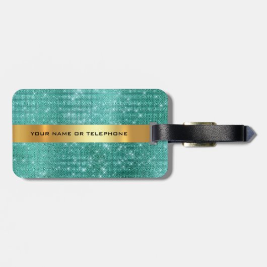 ダイヤモンド金ゴールドシークインティール（緑がかった色）極小主義 ラゲッジタグ (裏面横)