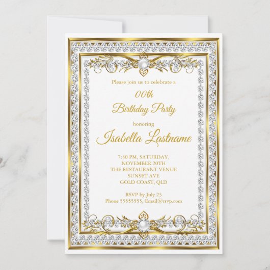 ダイヤモンド金ゴールドホワイトパールエレガントバースデーパーティー 招待状 (正面)