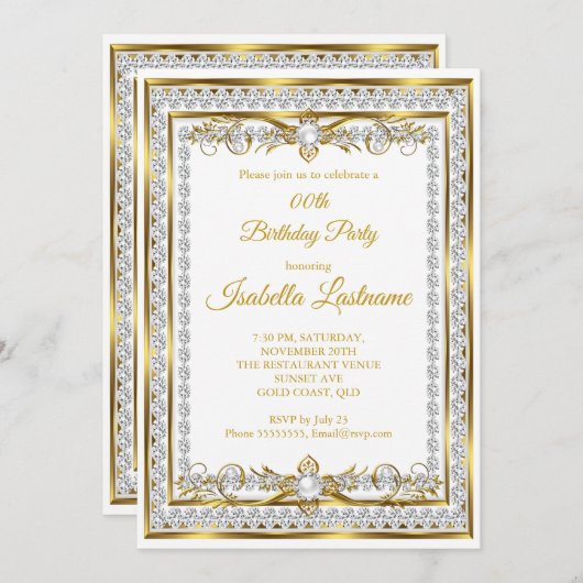 ダイヤモンド金ゴールドホワイトパールエレガントバースデーパーティー 招待状 (正面/裏面)