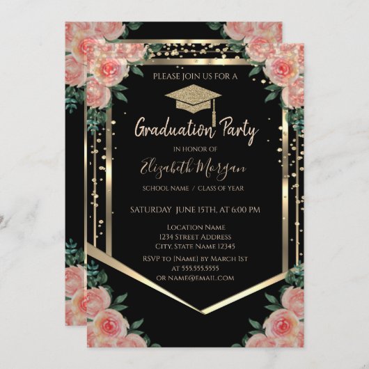 ダイヤモンド金ゴールド卒業キャップフローラ卒業 招待状 (正面/裏面)