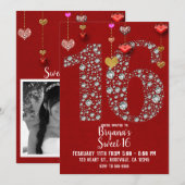 ダイヤモンド16 Valentine's Birthday Partyハート写真 招待状 (正面/裏面)