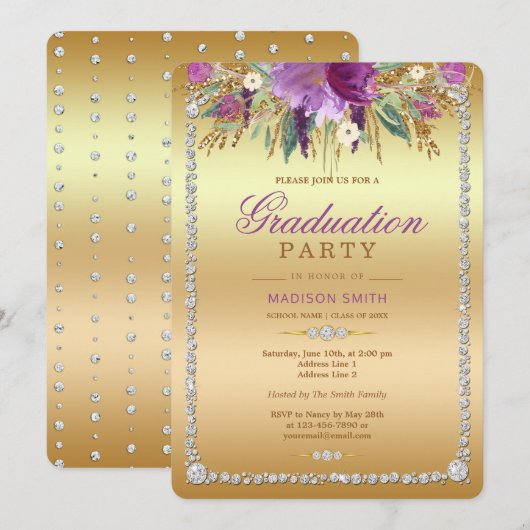 ダイヤモンド グリッター ウォーターカラー フラワー ゴールド グラデーション パーティー 招待状 (正面/裏面)