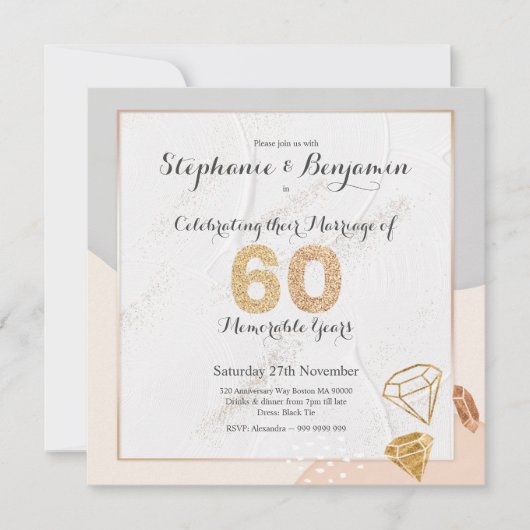 ダイヤモンド グリッター 60周年 結婚記念日 エレガント 招待状 (正面)