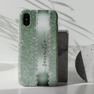 ダイヤモンド グリーン ファブリック グリッター カリグラフィーモノグラム SAMSUNG GALAXY S22 ULTRAケース