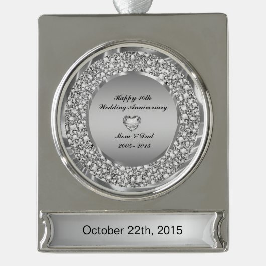ダイヤモンド&シルバー結婚10周年 シルバープレートバナーオーナメント (正面)
