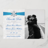 ダイヤモンド スノーフレーク & ブルー リボン 冬の結婚式 箔招待状 (正面)