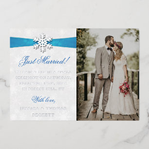 ダイヤモンド スノーフレーク & ブルー リボン 冬の結婚式 箔招待状