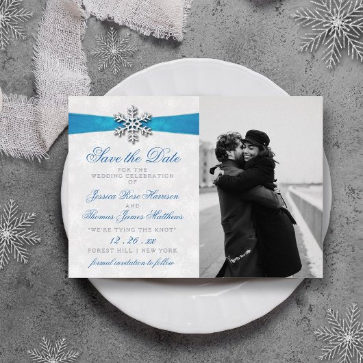 ダイヤモンド スノーフレーク & ブルー リボン 冬の結婚式 箔招待状