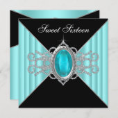 ダイヤモンド ターコイズブルー ブラック スイート16 誕生日 招待状 (正面/裏面)