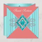 ダイヤモンド ターコイズ コーラル スウィート16 バースデーパーティー 招待状 (正面/裏面)