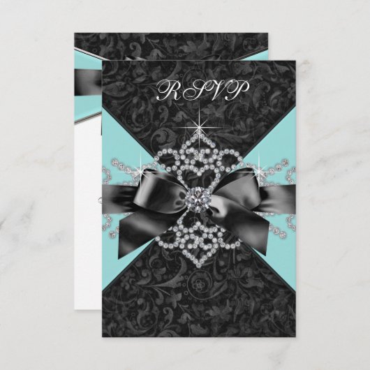 ダイヤモンド ティール ブルー ブラック スイート16 誕生日パーティー 出欠カード (正面/裏面)