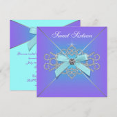 ダイヤモンド パープルとターコイズブルー スイート16 誕生日 招待状 (正面/裏面)