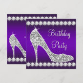 ダイヤモンド パープル ハイ ヒール シューズ バースデー パーティー 招待状 (正面/裏面)