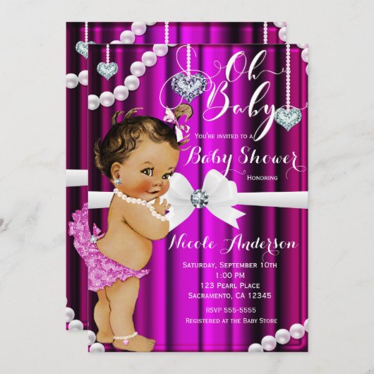 ダイヤモンド&パールホットピンクヴィンテージ赤ちゃんシャワー 招待状 (正面/裏面)