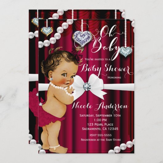 ダイヤモンド&パールレッドグラマーヴィンテージベビーシャワー 招待状 (正面/裏面)
