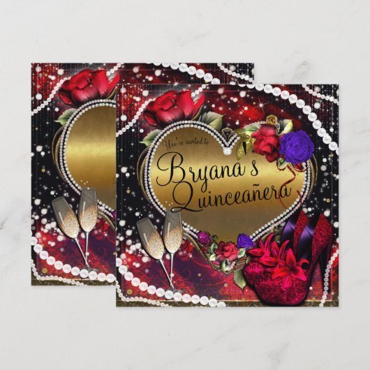 ダイヤモンド パール ハート ハイ ヒール キンセアニエラ 招待状 (正面/裏面)