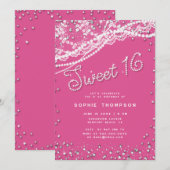 ダイヤモンド パール レース ガーリー ピンク エレガント スイート16 招待状 (正面/裏面)