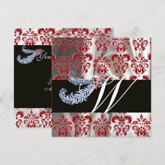 ダイヤモンド フェザーズ レッド シルバー シルク ダマスク モノグラム 招待状 (正面/裏面)