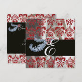 ダイヤモンド フェザー レッド ホワイト アイス シルク ダマスク モノグラム 招待状 (正面/裏面)