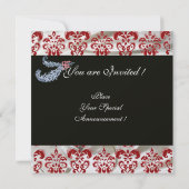 ダイヤモンド フェザー レッド ホワイト アイス シルク ダマスク モノグラム 招待状 (裏面)