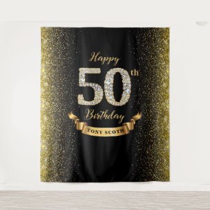 ダイヤモンド ブラックとゴールド 50歳の誕生日 バックドロップ タペストリー
