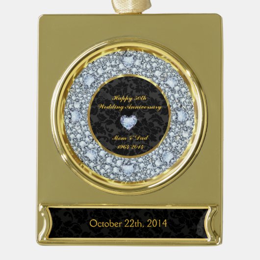 ダイヤモンド、ブラック、金ゴールド50結婚周年 ゴールドプレートバナーオーナメント (正面)
