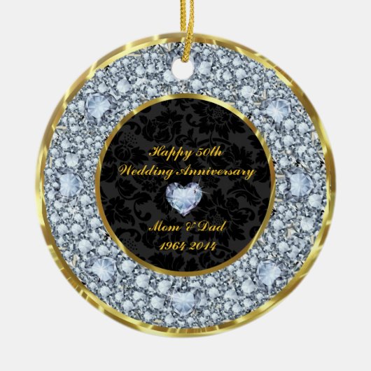 ダイヤモンド、ブラック、金ゴールド50結婚周年 セラミックオーナメント (正面)