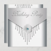 ダイヤモンド ホワイト ローズ 女性の誕生日パーティー招待状 招待状 (正面/裏面)