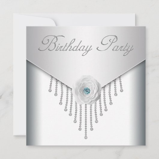 ダイヤモンド ホワイト ローズ 女性の誕生日パーティー招待状 招待状 (正面)